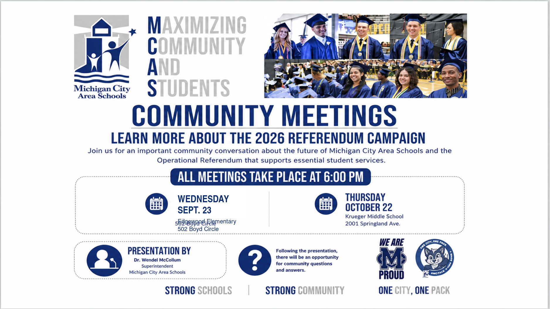 MCAS community meetings on Wednesday, September 23 at Edgewood Elementary and Thursday, October 22 at Krueger Middle School, both at 6 PM